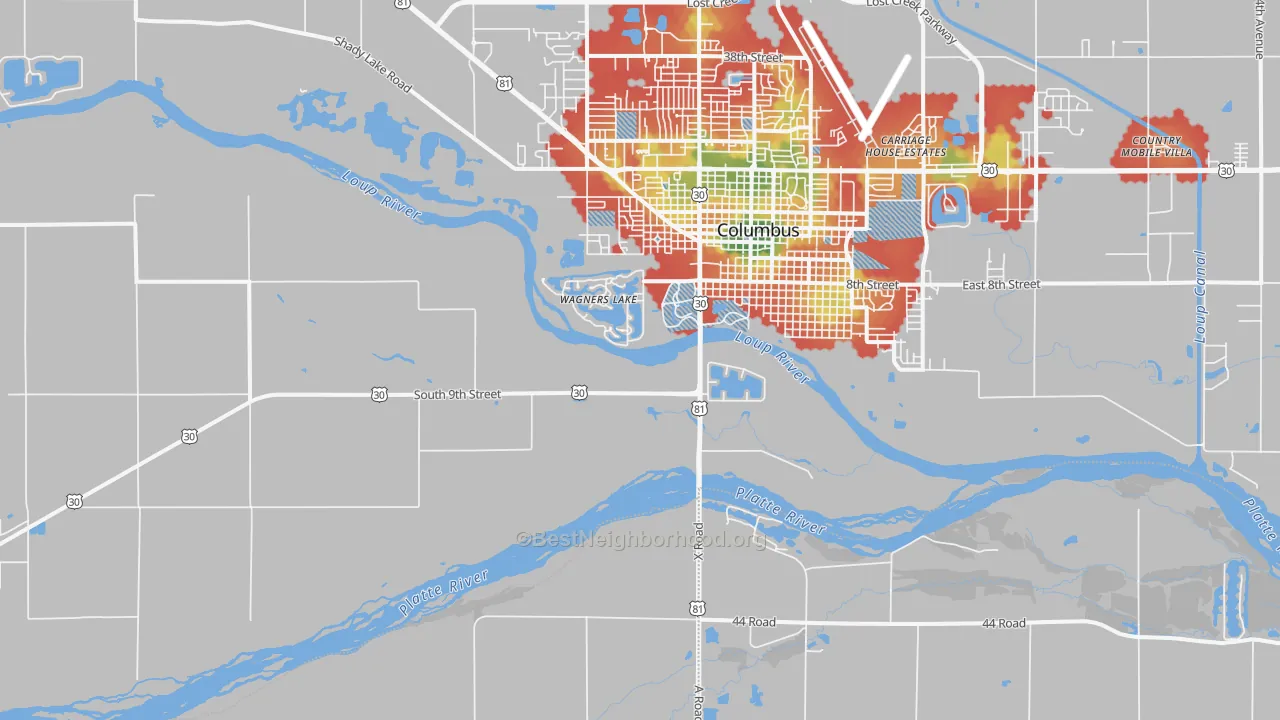 Walk Grade map of Wagners Lake, NE, walkable areas in green and car-dependent areas in red