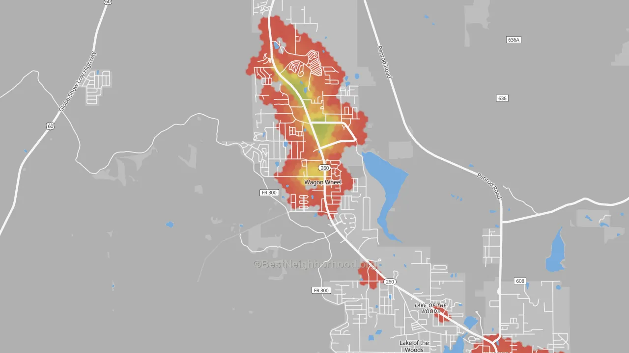 Walk Grade map of Wagon Wheel, AZ, walkable areas in green and car-dependent areas in red