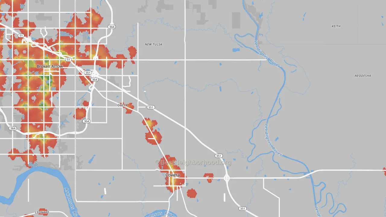 Walk Grade map of Wagoner County, OK, walkable areas in green and car-dependent areas in red