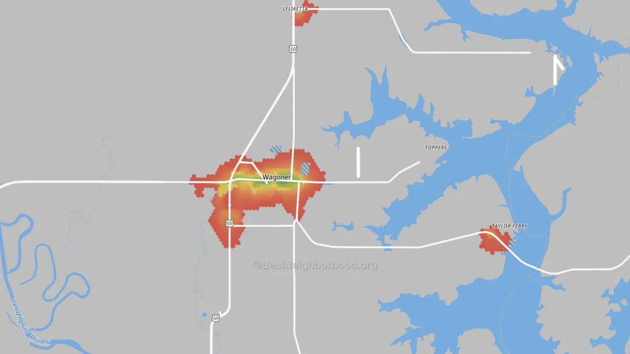 Walk Grade map of Wagoner, OK, walkable areas in green and car-dependent areas in red