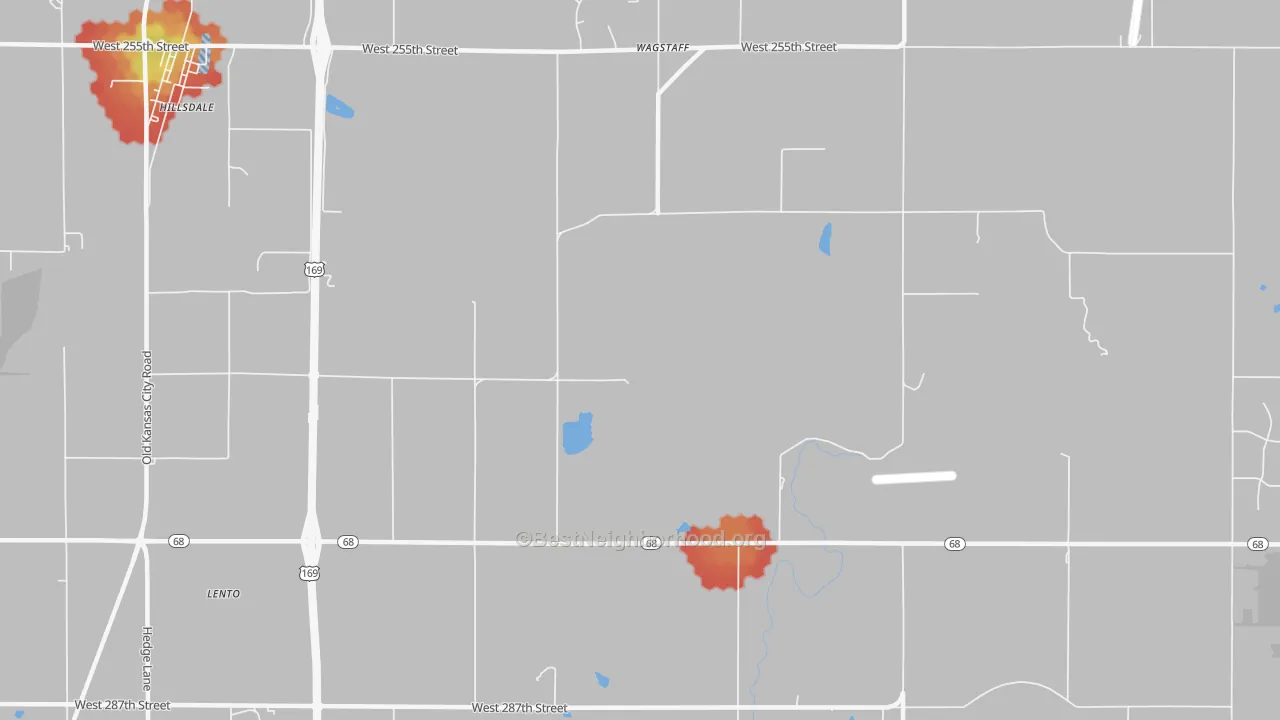 Walk Grade map of Wagstaff, KS, walkable areas in green and car-dependent areas in red