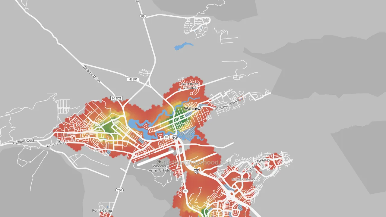 Walk Grade map of Wahiawa, HI, walkable areas in green and car-dependent areas in red