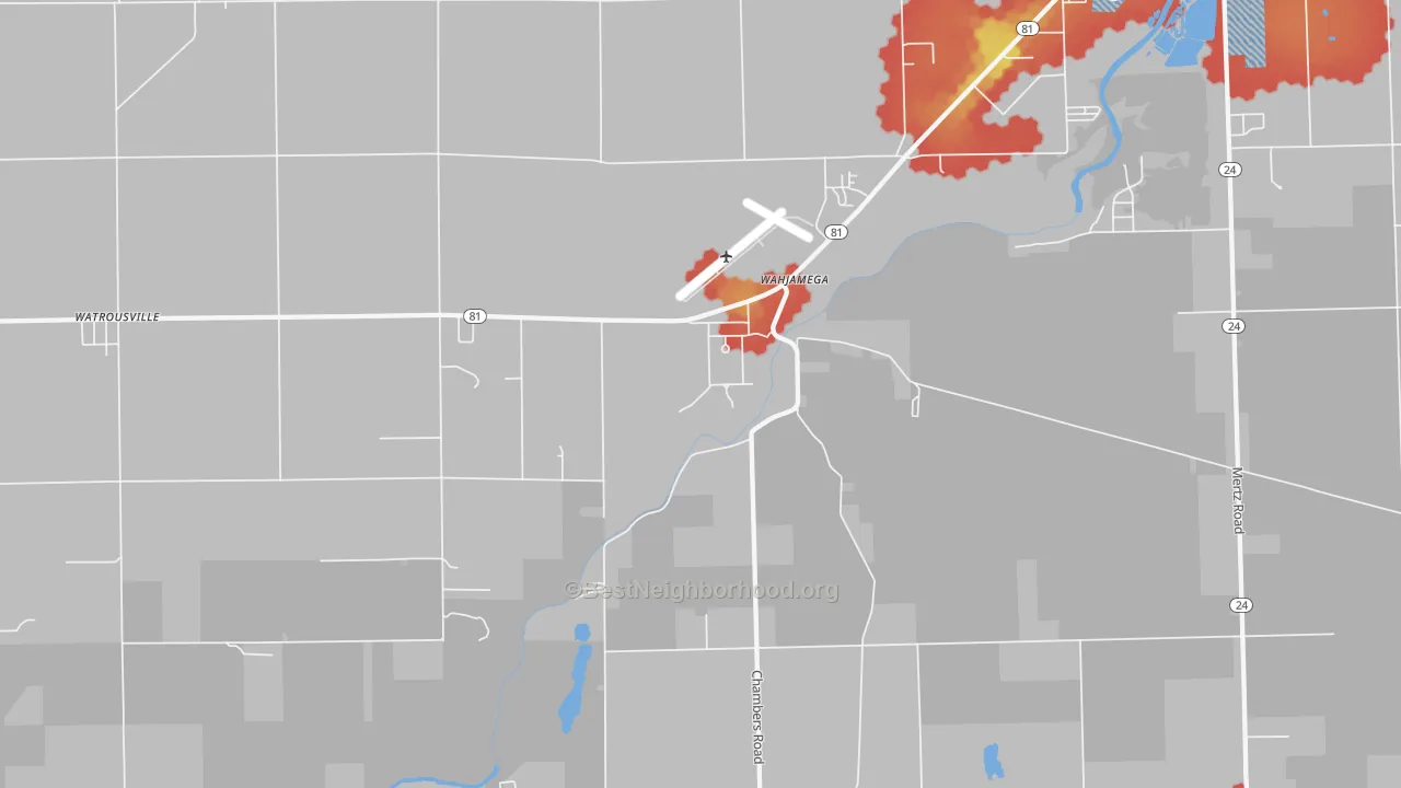 Walk Grade map of Wahjamega, MI, walkable areas in green and car-dependent areas in red