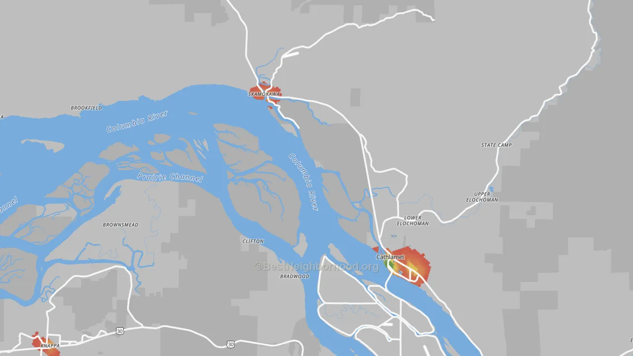 Walk Grade map of Wahkiakum County, WA, walkable areas in green and car-dependent areas in red