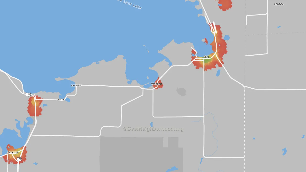 Walk Grade map of Wahkon, MN, walkable areas in green and car-dependent areas in red