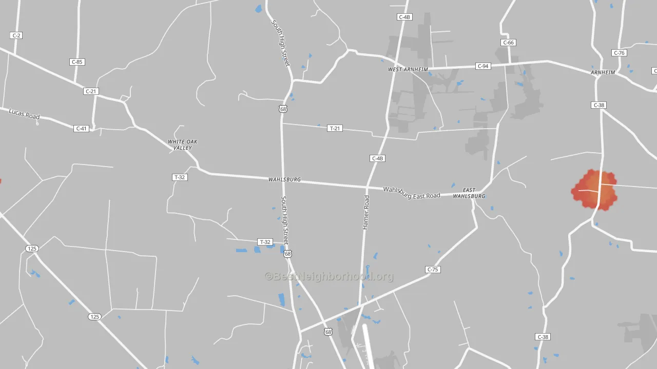 Walk Grade map of Wahlsburg, OH, walkable areas in green and car-dependent areas in red