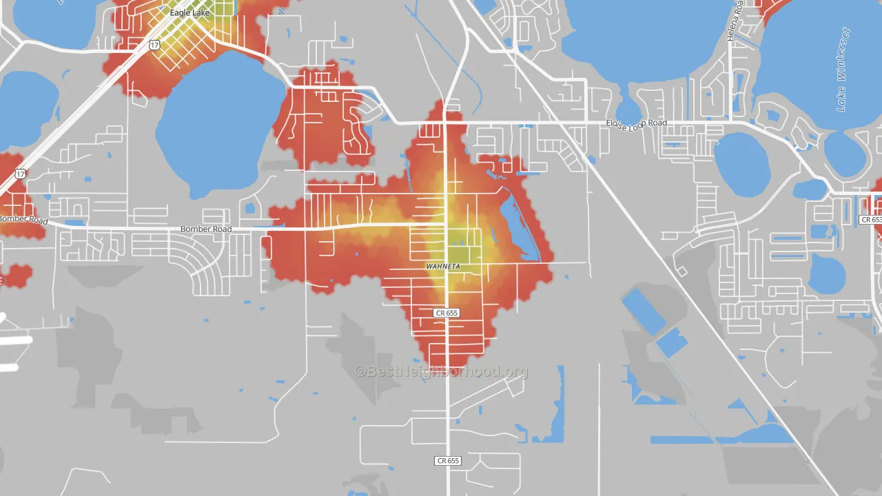 Walk Grade map of Wahneta, Winter Haven, FL, walkable areas in green and car-dependent areas in red