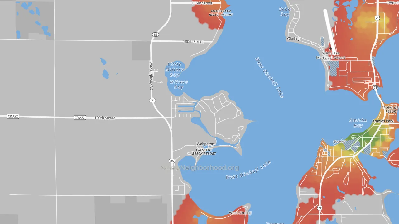 Walk Grade map of Wahpeton, IA, walkable areas in green and car-dependent areas in red