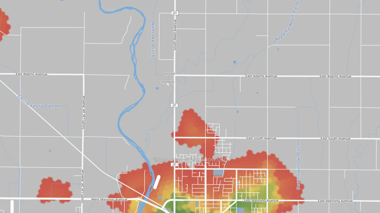 Walk Grade map of Wahtoke, CA, walkable areas in green and car-dependent areas in red