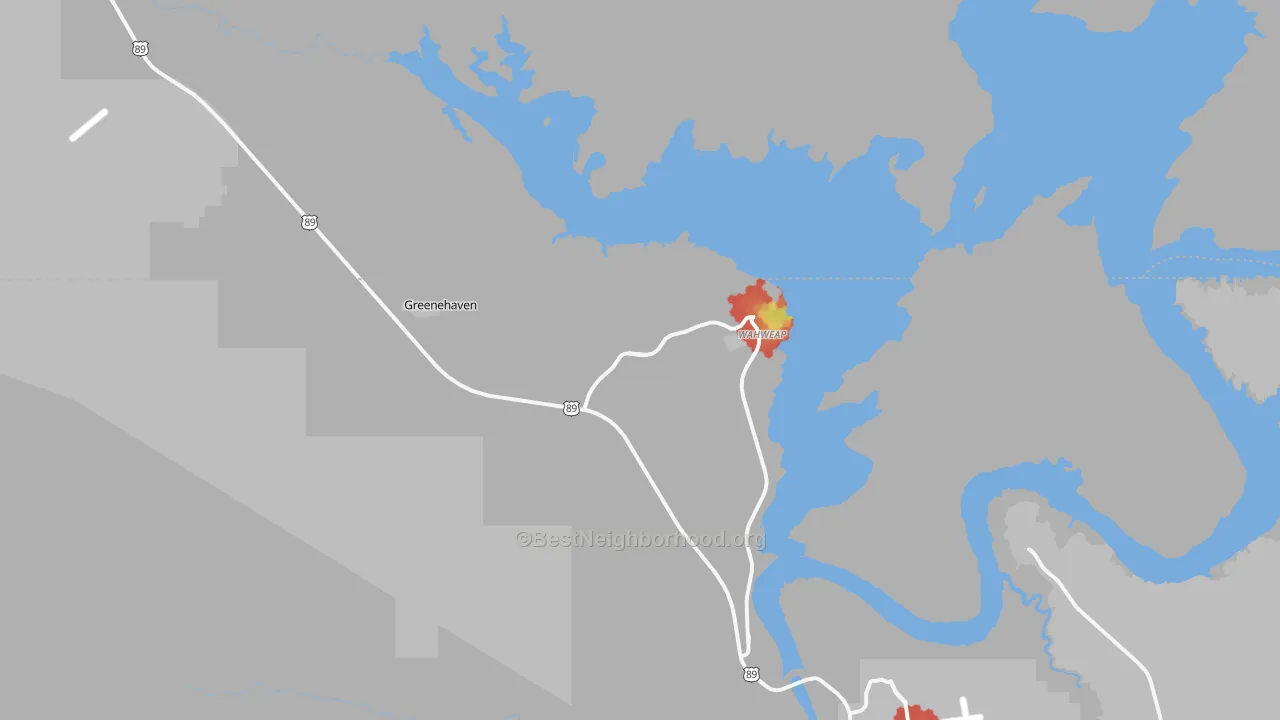 Walk Grade map of Wahweap, AZ, walkable areas in green and car-dependent areas in red