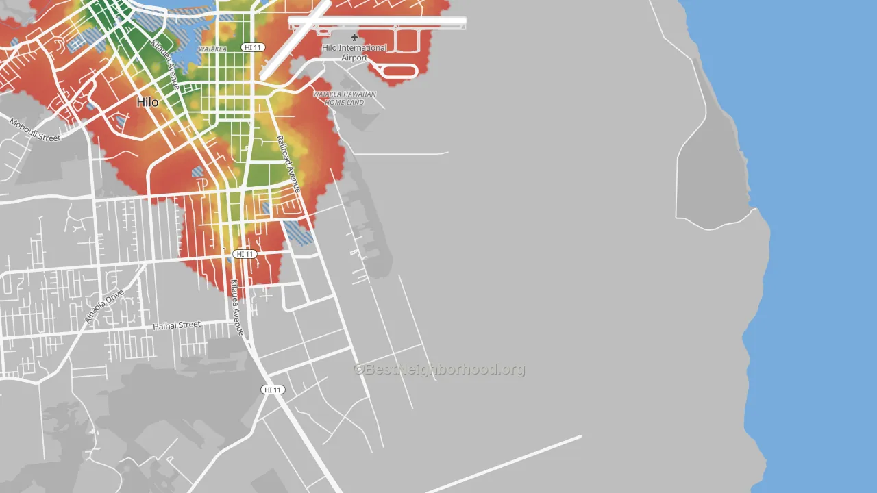Walk Grade map of Waiakea, HI, walkable areas in green and car-dependent areas in red