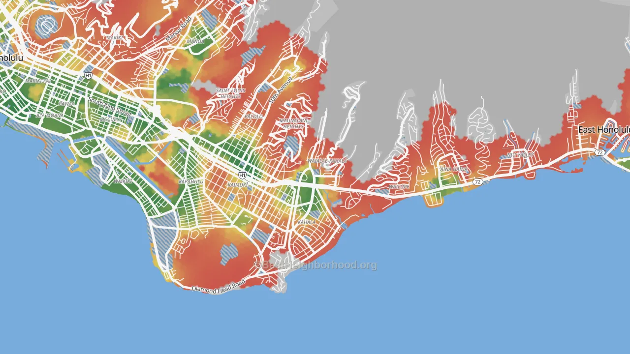 Walk Grade map of Waialae-Kahala, Honolulu, HI, walkable areas in green and car-dependent areas in red