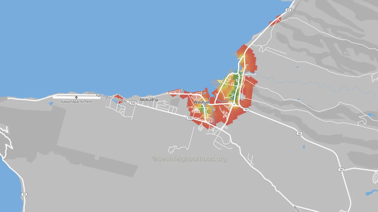 Walk Grade map of Waialua, HI, walkable areas in green and car-dependent areas in red