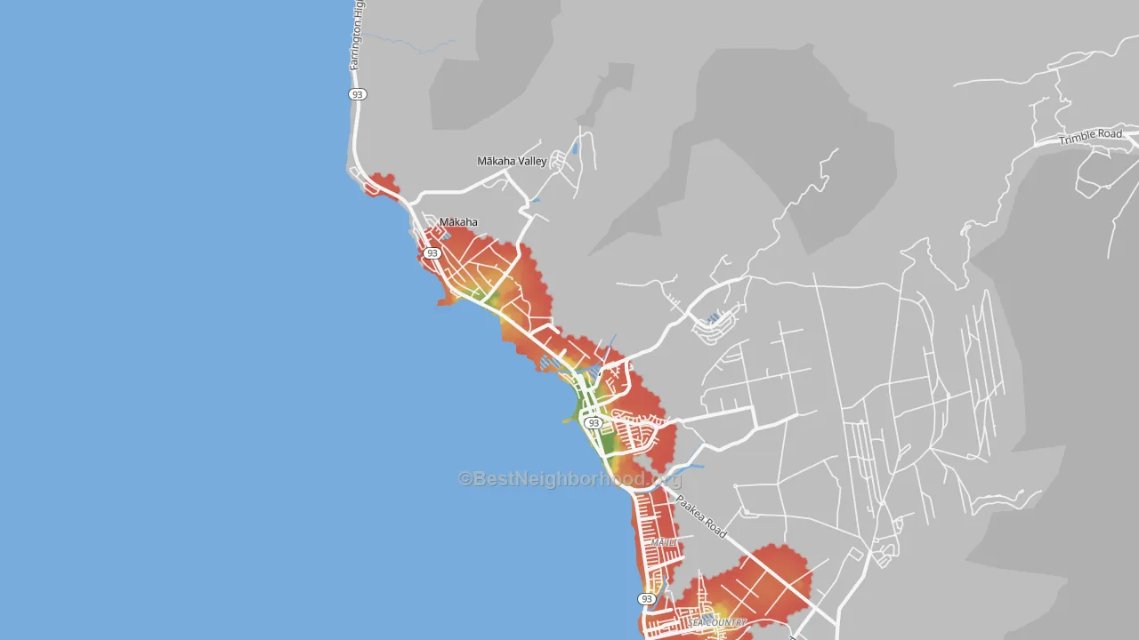 Walk Grade map of Waianae, HI, walkable areas in green and car-dependent areas in red