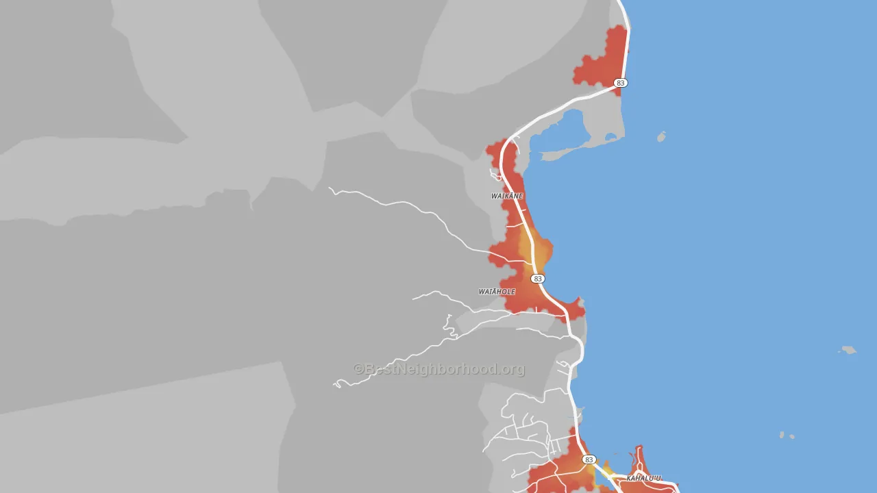 Walk Grade map of Waikane, HI, walkable areas in green and car-dependent areas in red