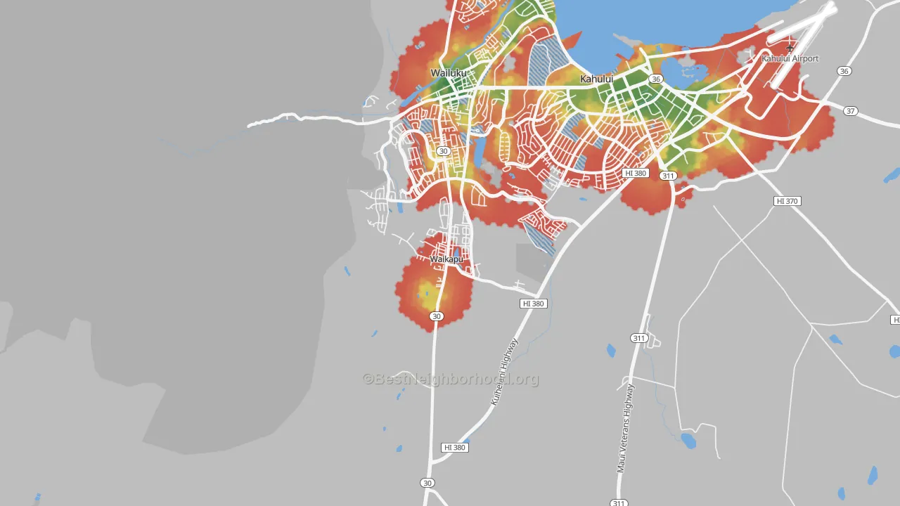 Walk Grade map of Waikapu, HI, walkable areas in green and car-dependent areas in red