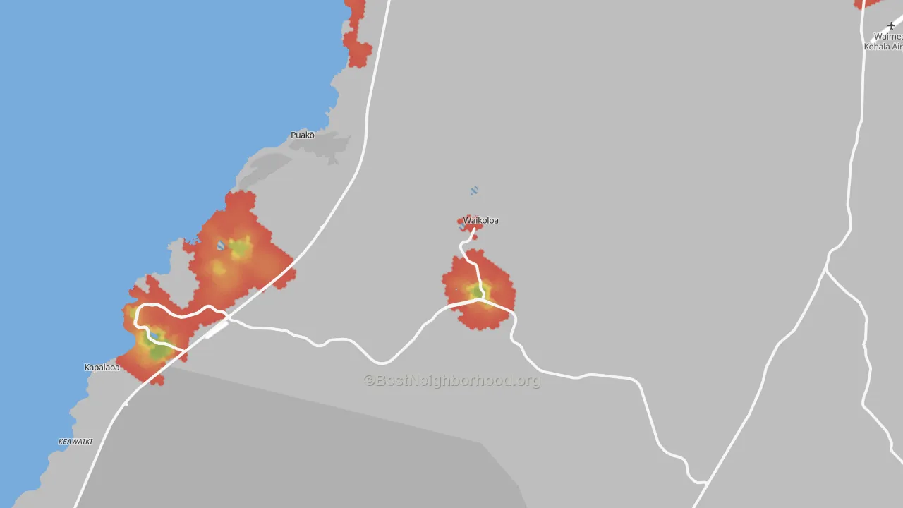Walk Grade map of Waikoloa, HI, walkable areas in green and car-dependent areas in red