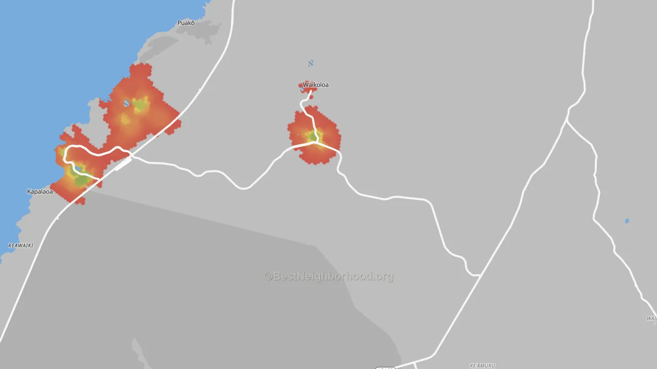 Walk Grade map of Waikoloa Village, HI, walkable areas in green and car-dependent areas in red