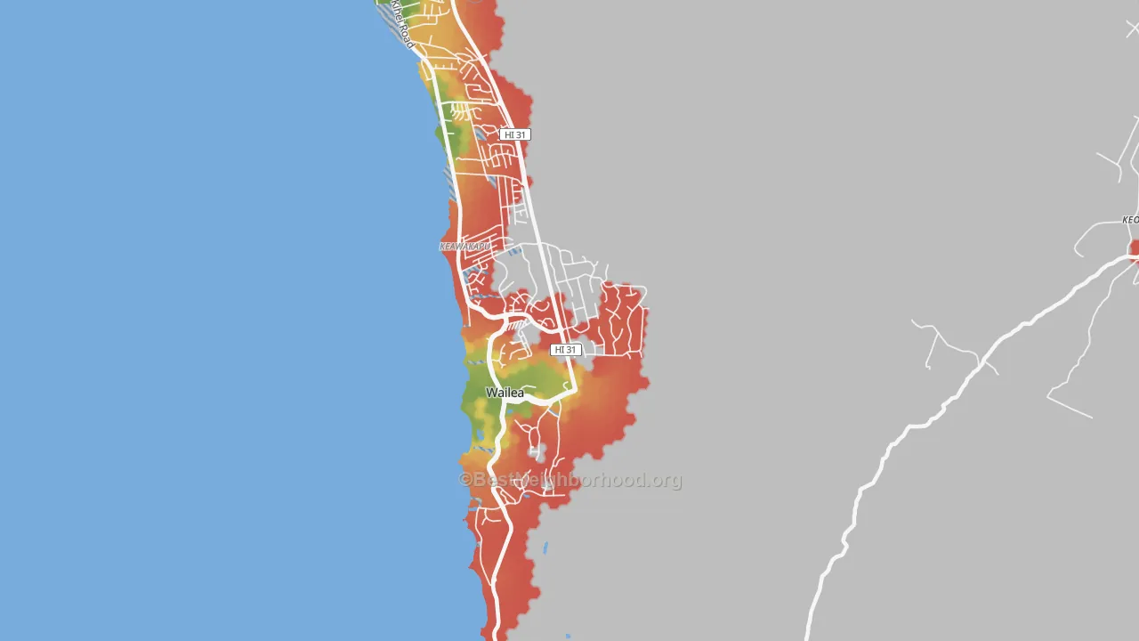 Walk Grade map of Wailea, Kihei, HI, walkable areas in green and car-dependent areas in red