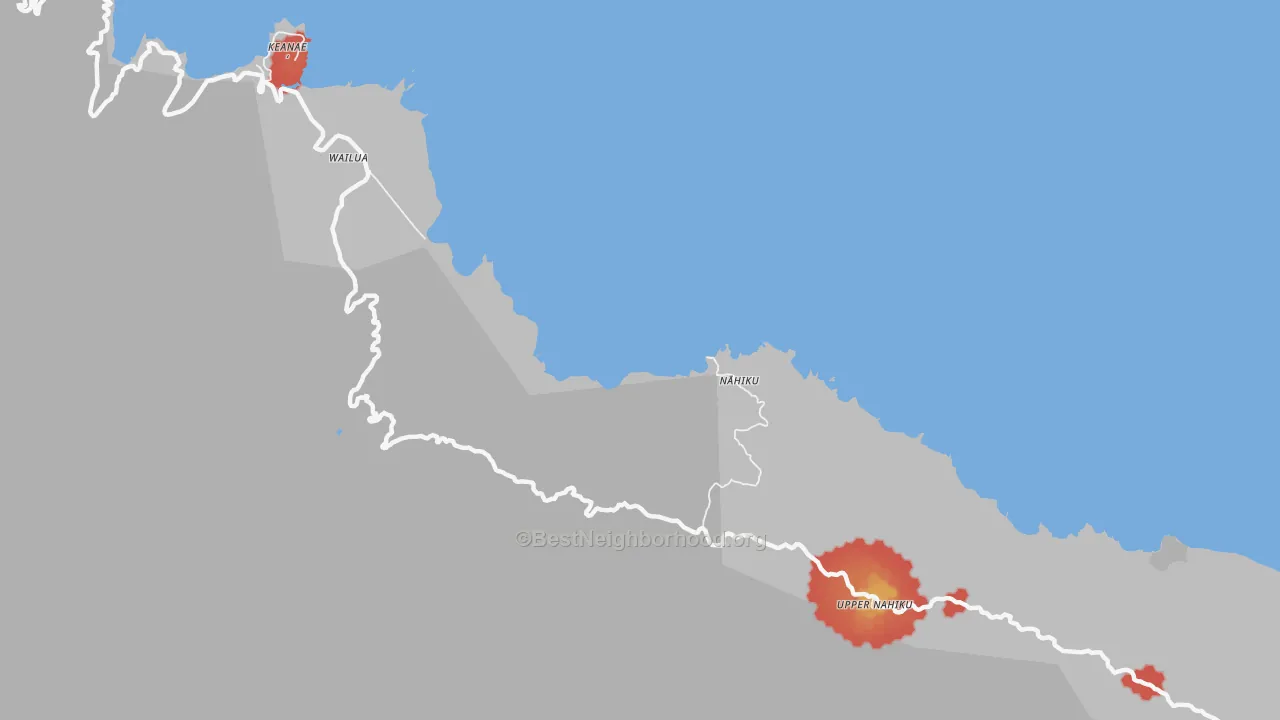 Walk Grade map of Wailua, HI, walkable areas in green and car-dependent areas in red