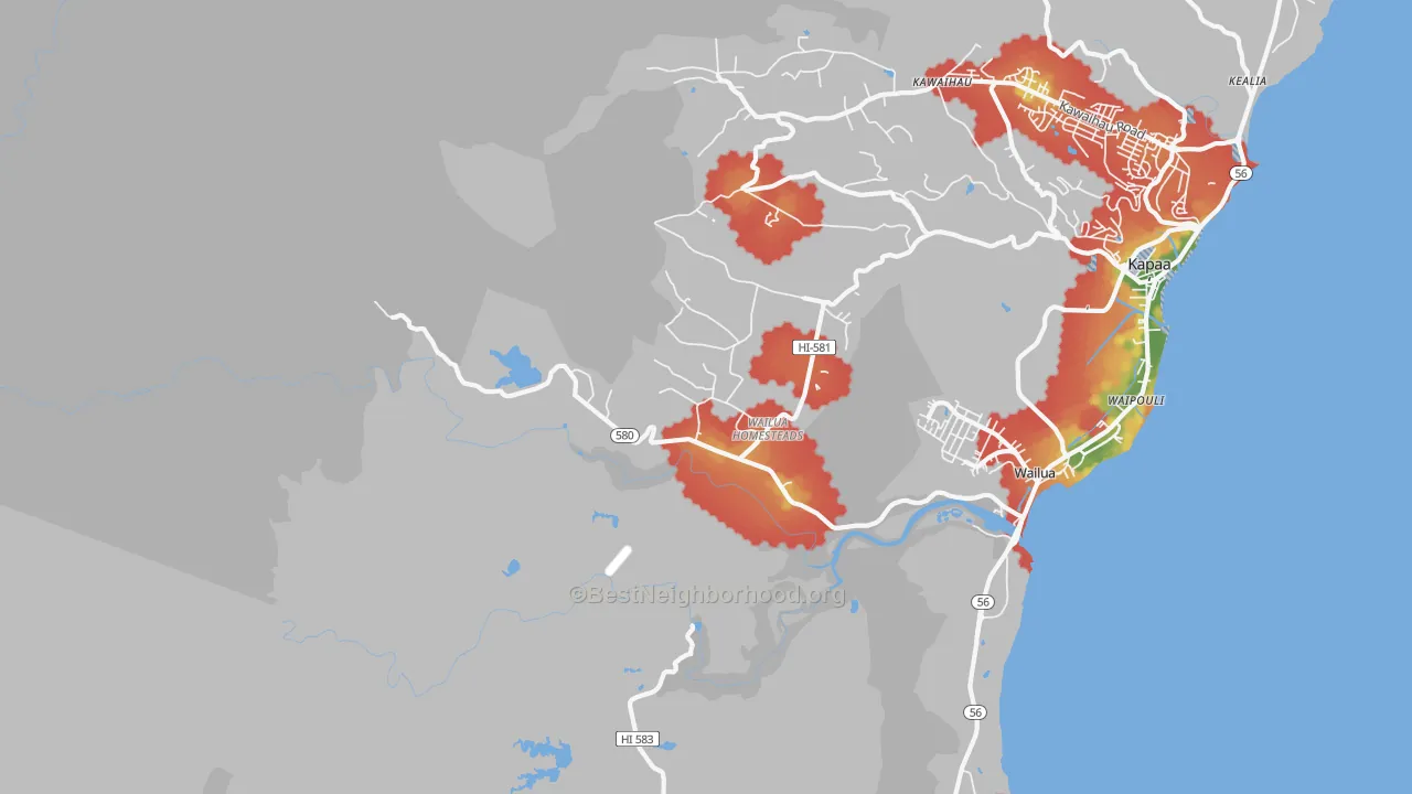 Walk Grade map of Wailua, Kapaa, HI, walkable areas in green and car-dependent areas in red