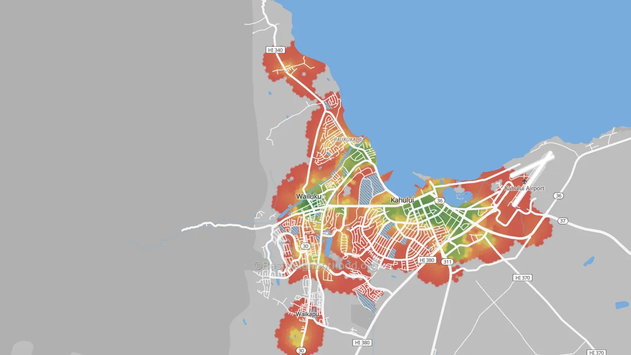 Walk Grade map of Wailuku, HI, walkable areas in green and car-dependent areas in red