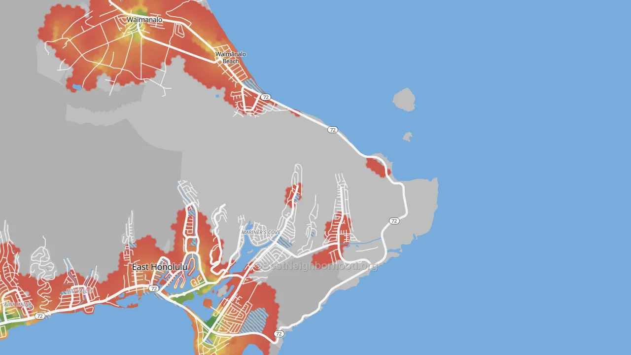 Walk Grade map of Waimanalo Beach, HI, walkable areas in green and car-dependent areas in red