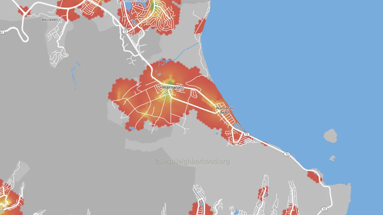 Walk Grade map of Waimanalo, HI, walkable areas in green and car-dependent areas in red