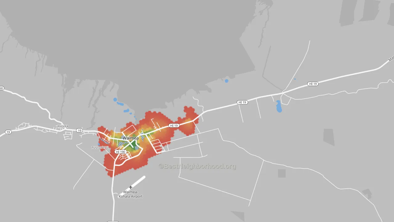 Walk Grade map of Waimea, HI, walkable areas in green and car-dependent areas in red