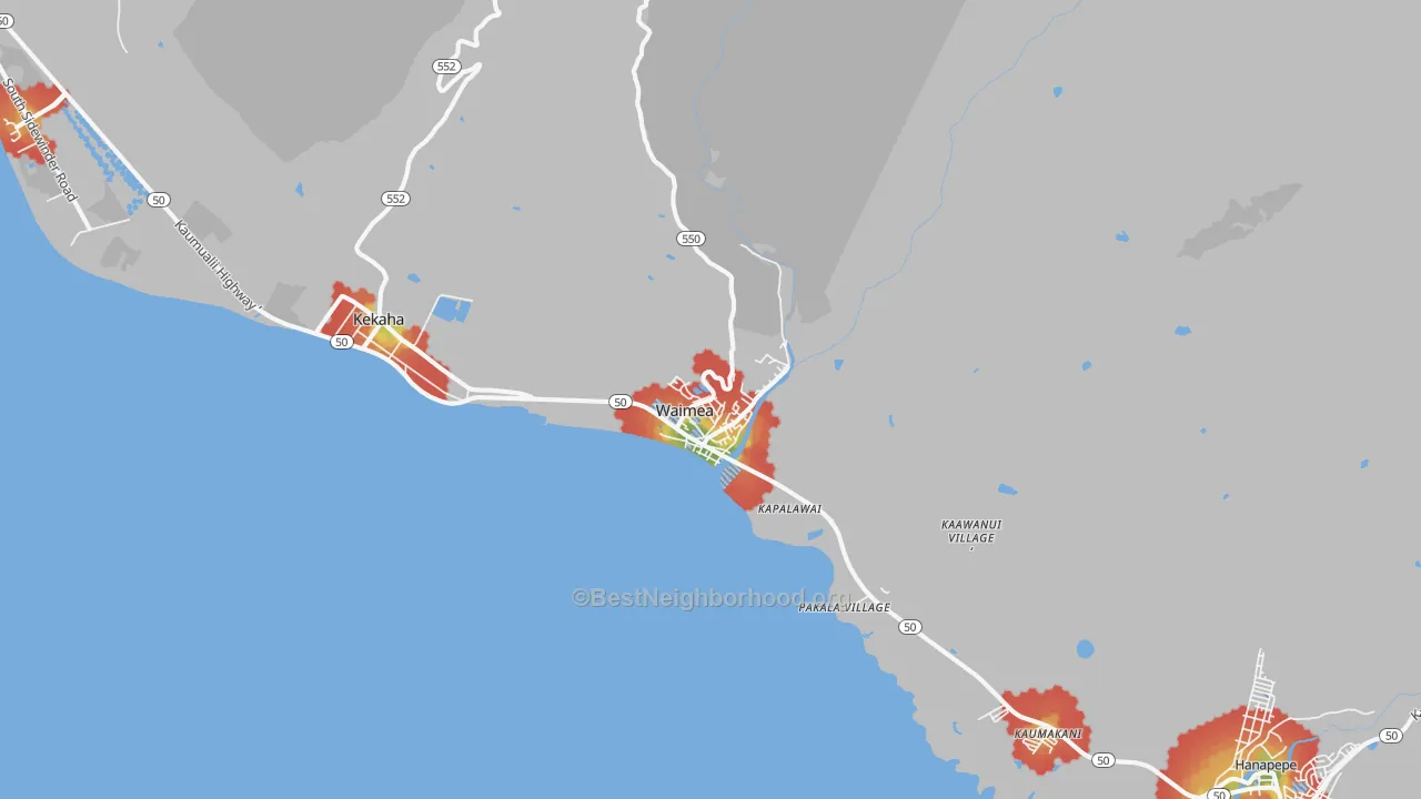 Walk Grade map of Waimea Kauai, HI, walkable areas in green and car-dependent areas in red