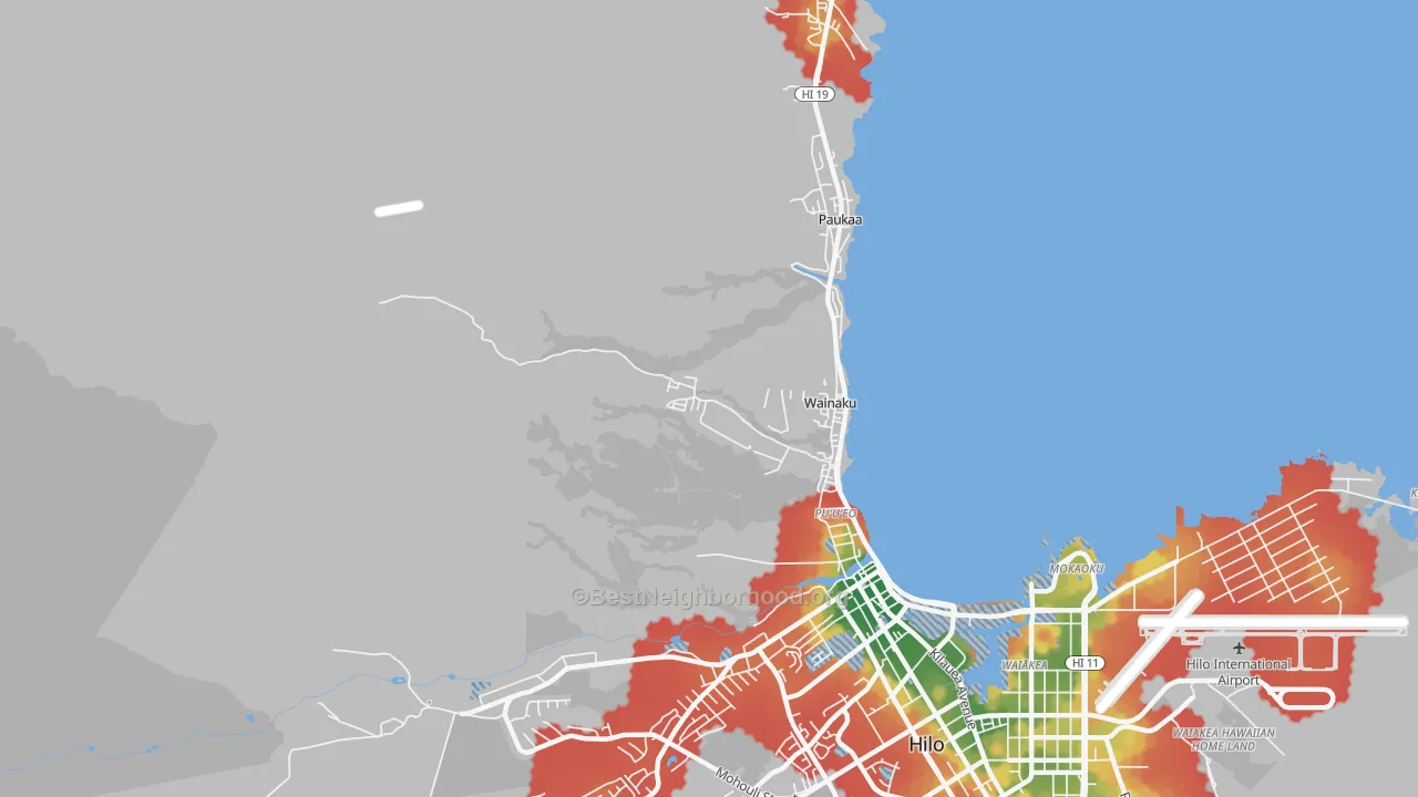 Walk Grade map of Wainaku, HI, walkable areas in green and car-dependent areas in red
