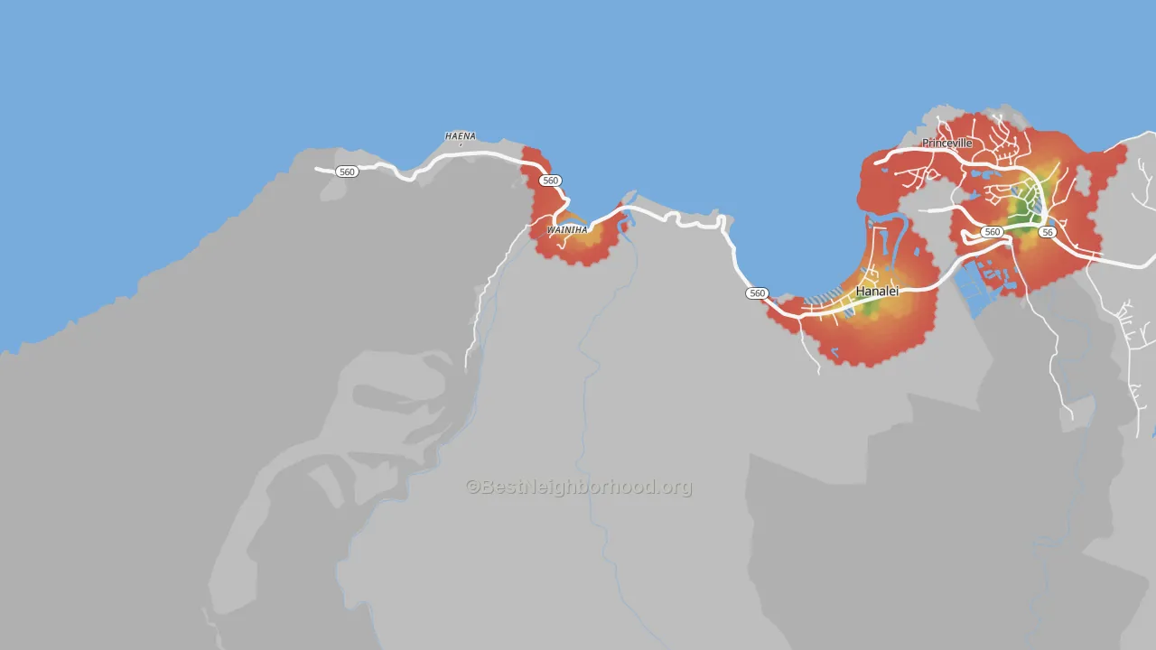 Walk Grade map of Wainiha, HI, walkable areas in green and car-dependent areas in red