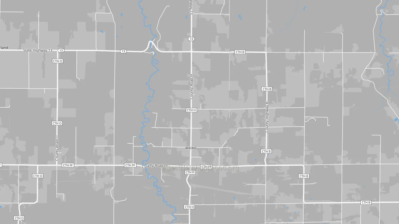 Walk Grade map of Waino, WI, walkable areas in green and car-dependent areas in red