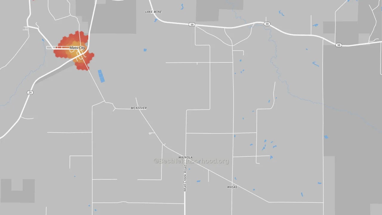 Walk Grade map of Wainola, MI, walkable areas in green and car-dependent areas in red