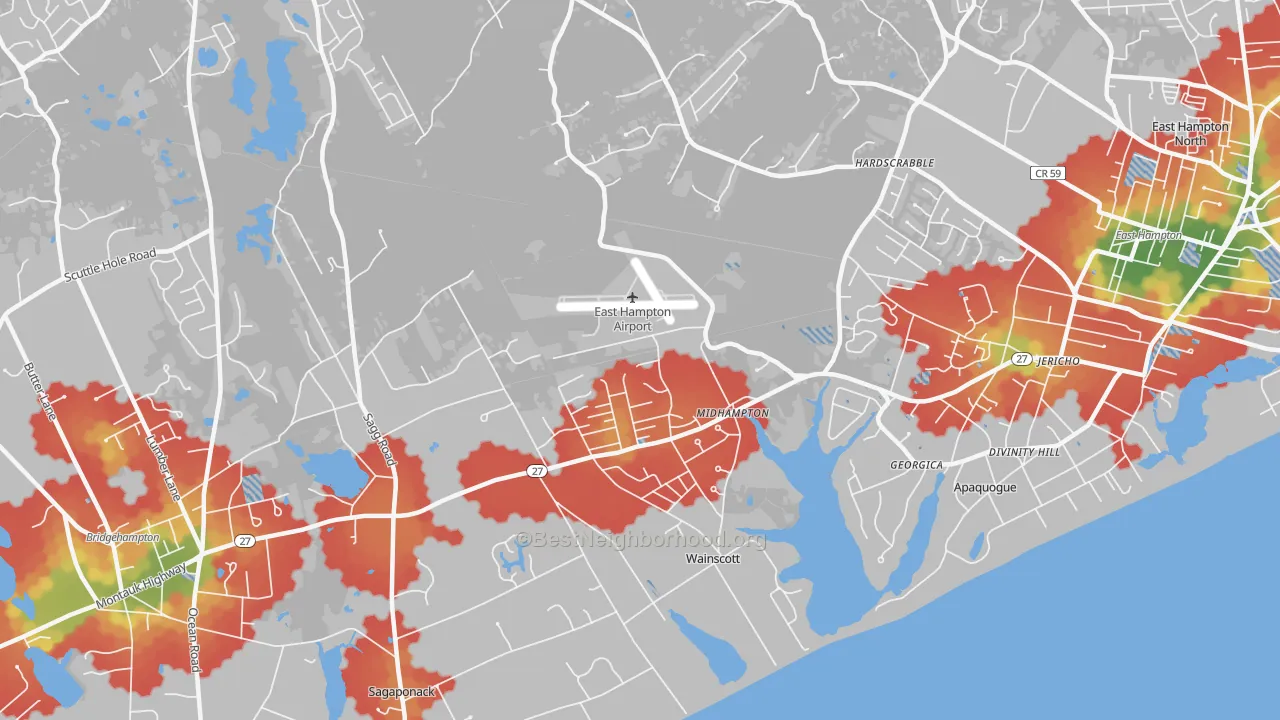 Walk Grade map of Wainscott, NY, walkable areas in green and car-dependent areas in red