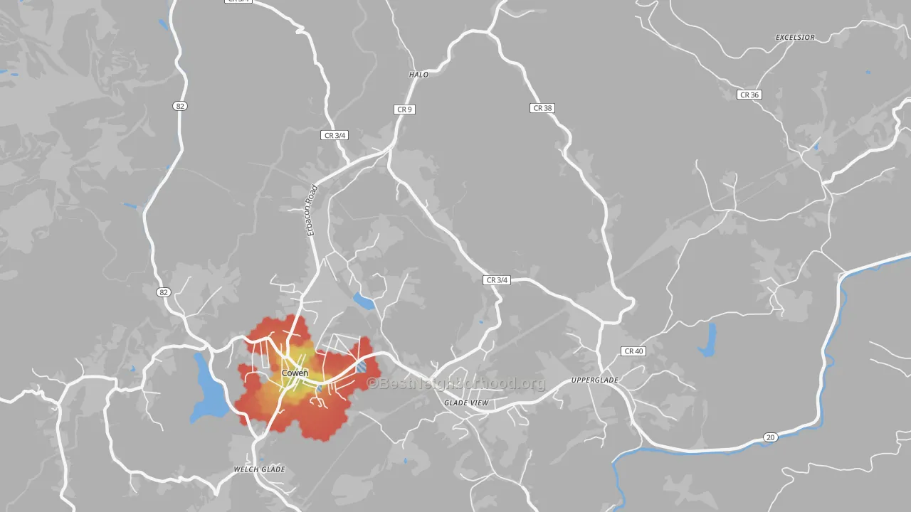 Walk Grade map of Wainville, WV, walkable areas in green and car-dependent areas in red