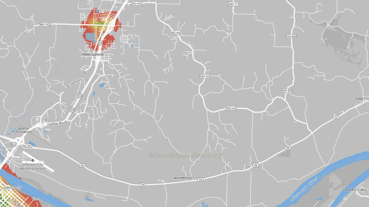 Walk Grade map of Wainwright, MO, walkable areas in green and car-dependent areas in red
