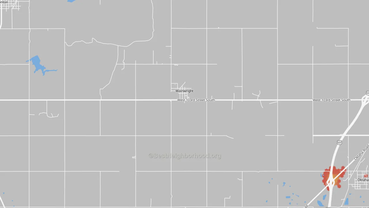 Walk Grade map of Wainwright, OK, walkable areas in green and car-dependent areas in red