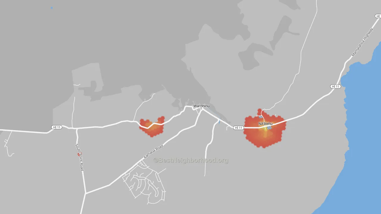 Walk Grade map of Waiohinu, HI, walkable areas in green and car-dependent areas in red