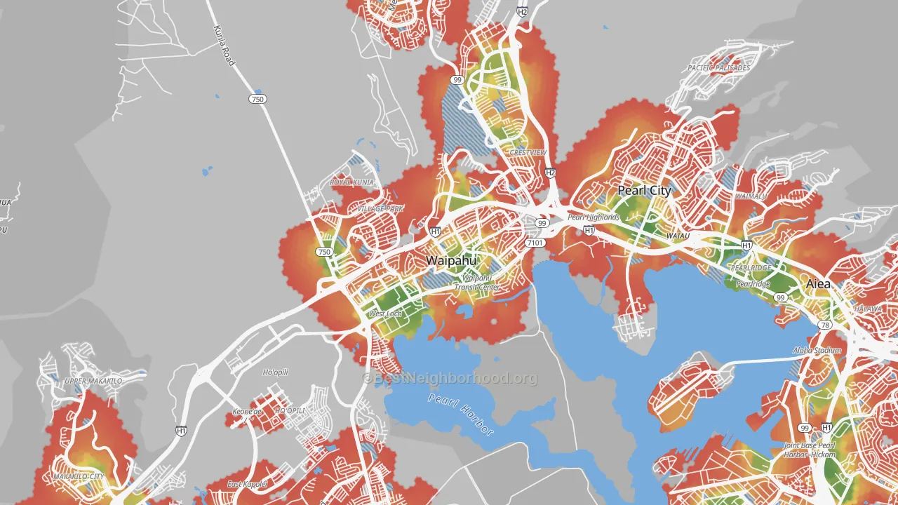 Walk Grade map of Waipahu, HI, walkable areas in green and car-dependent areas in red