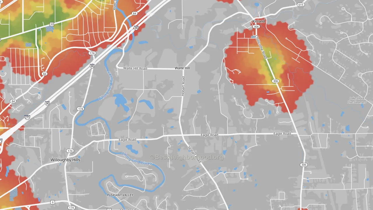 Walk Grade map of Waite Hill, OH, walkable areas in green and car-dependent areas in red