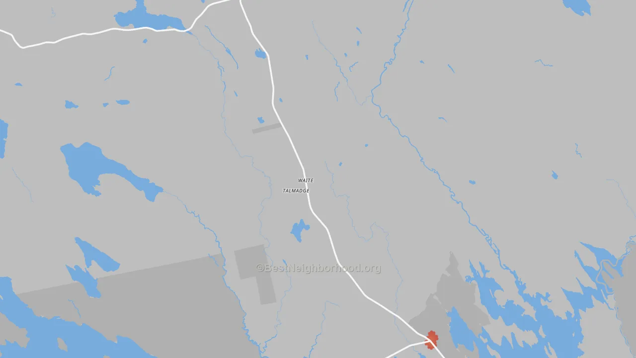Walk Grade map of Waite, ME, walkable areas in green and car-dependent areas in red