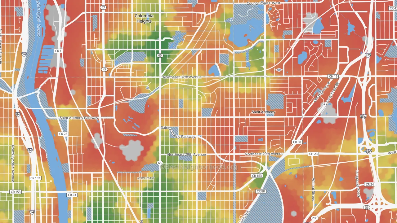 Walk Grade map of Waite Park, Minneapolis, MN, walkable areas in green and car-dependent areas in red
