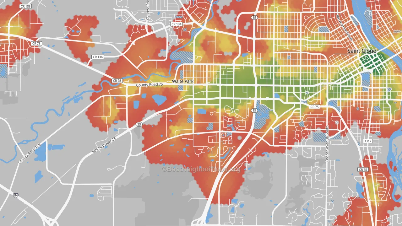 Walk Grade map of Waite Park, MN, walkable areas in green and car-dependent areas in red