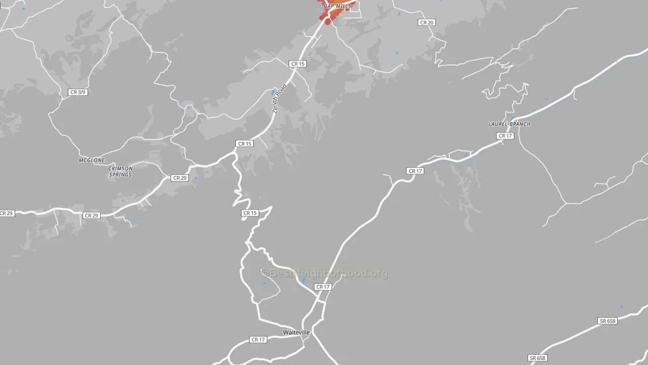 Walk Grade map of Waiteville, WV, walkable areas in green and car-dependent areas in red