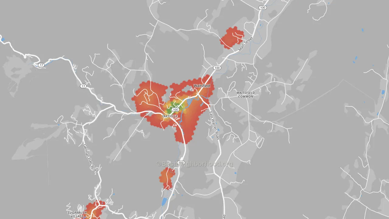 Walk Grade map of Waitsfield, VT, walkable areas in green and car-dependent areas in red