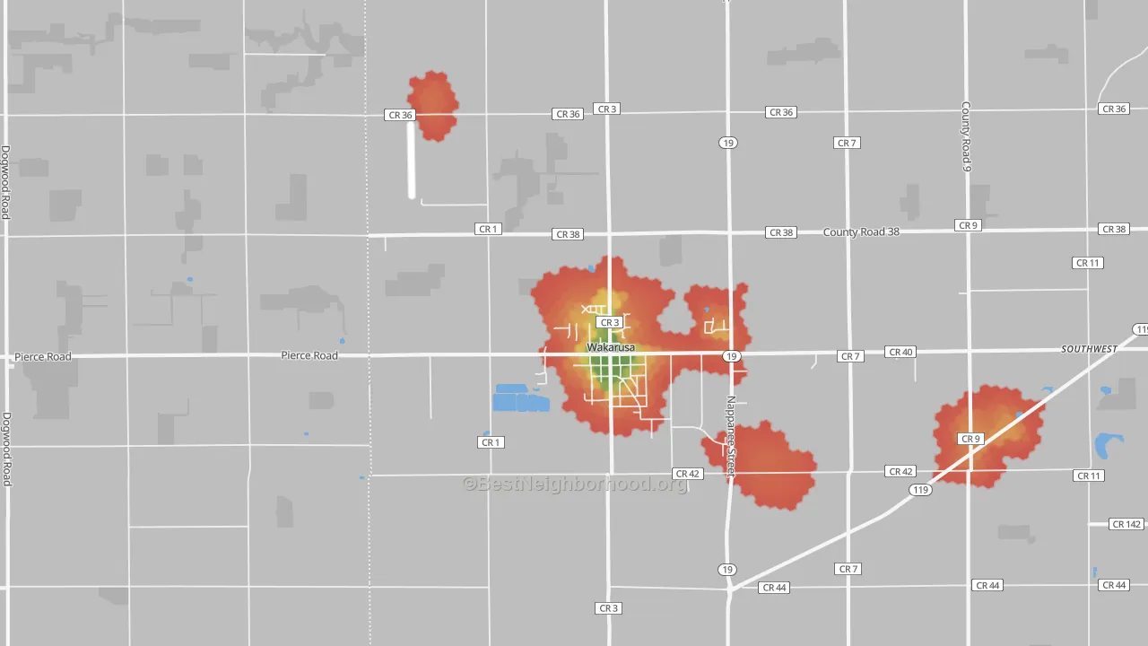 Walk Grade map of Wakarusa, IN, walkable areas in green and car-dependent areas in red