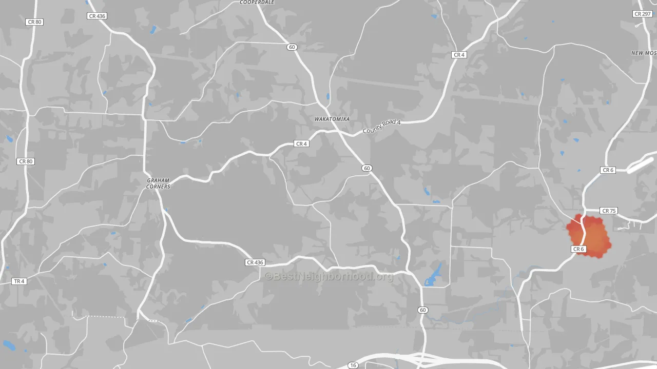 Walk Grade map of Wakatomika, OH, walkable areas in green and car-dependent areas in red