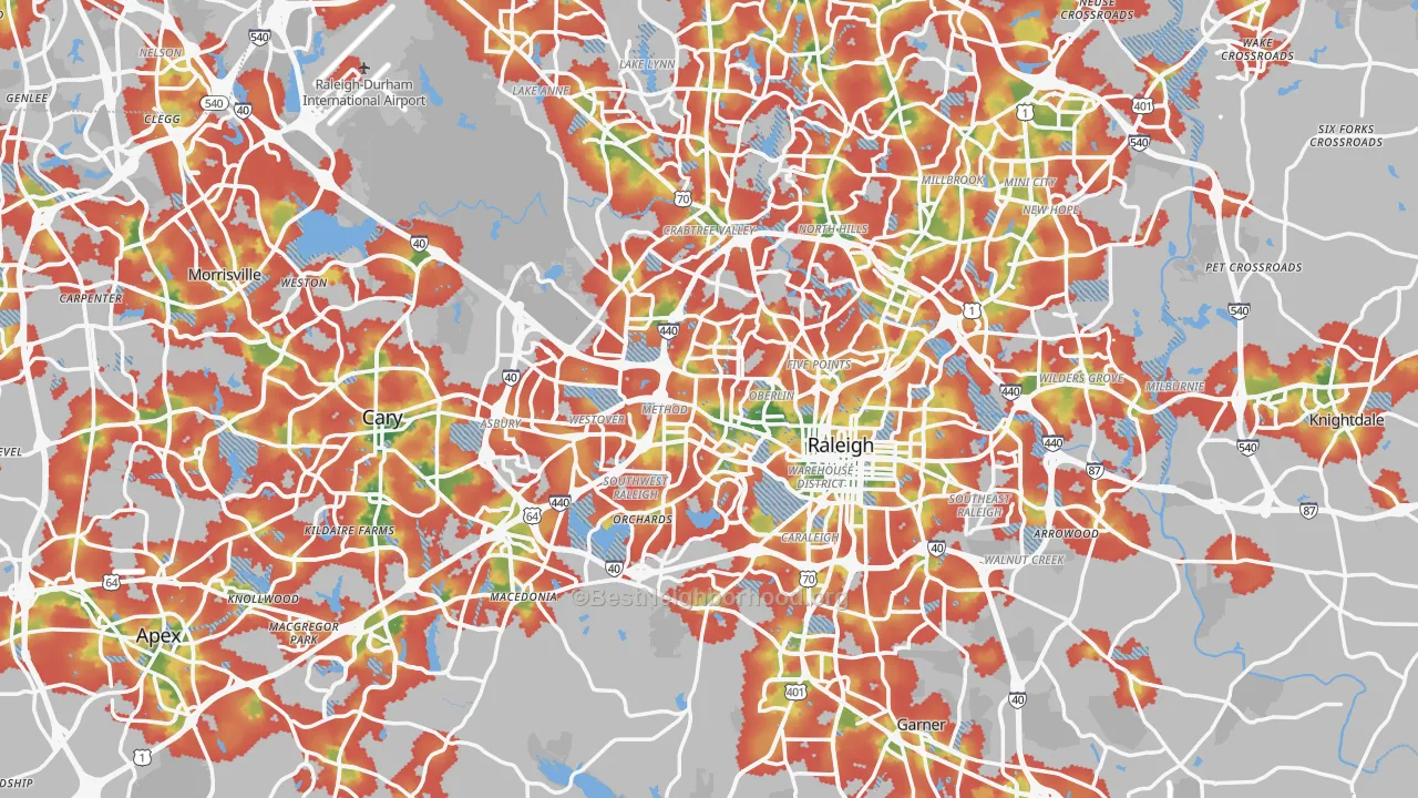 Walk Grade map of Wake County, NC, walkable areas in green and car-dependent areas in red