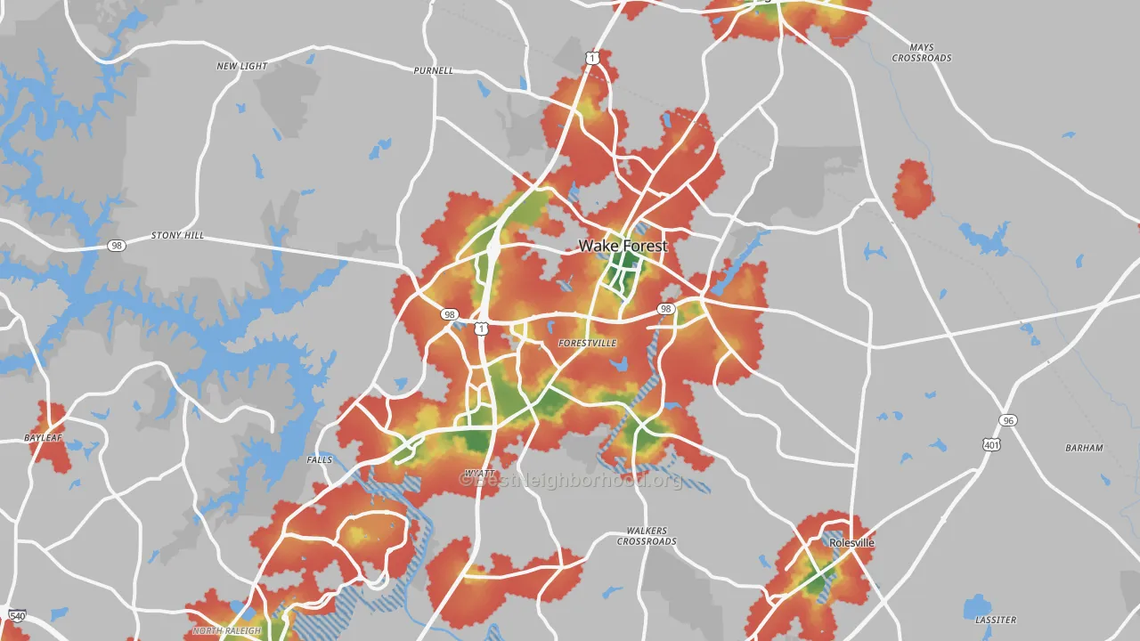 Walk Grade map of Wake Forest, NC, walkable areas in green and car-dependent areas in red